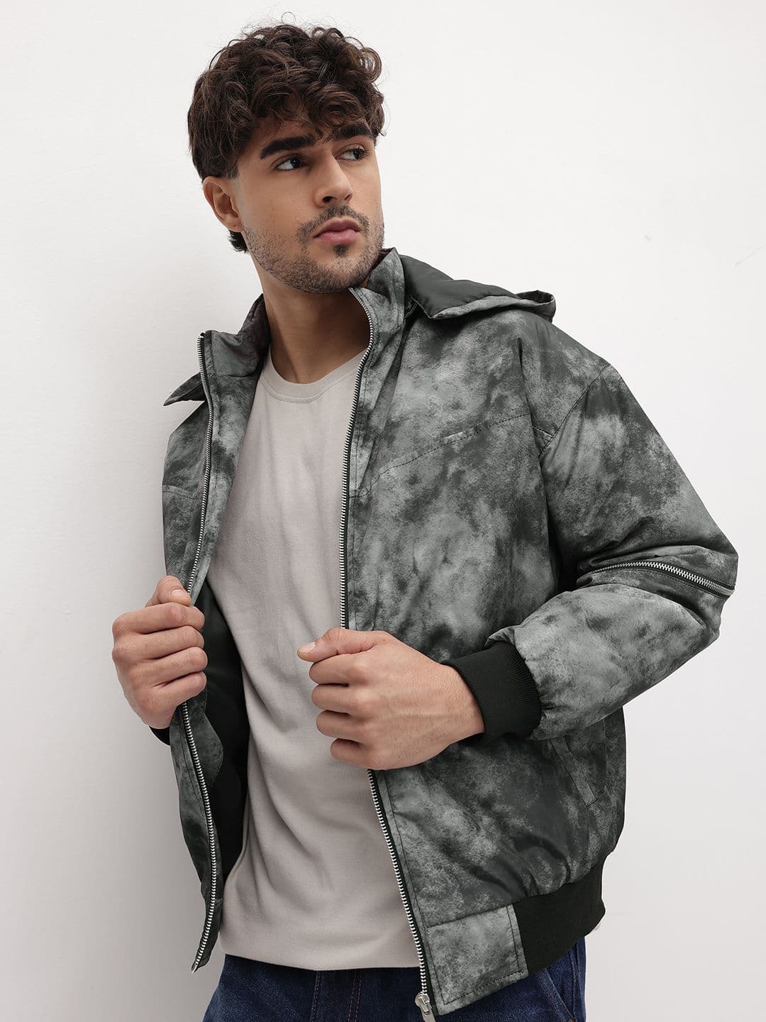 The Roadster Life Co. Camouflage Printed Padded Bomber Jacket with Detachable Hood - view 1