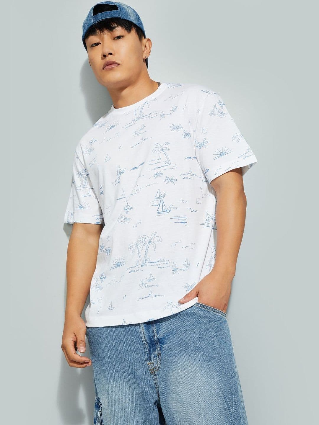 max Tropical Printed Round Neck Regular Fit Pure Cotton T-shirt - view 1