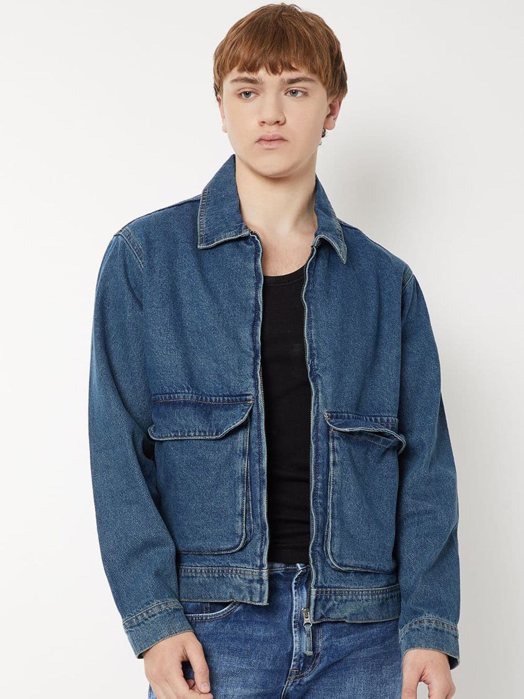 max Men Spread Collar Washed Solid Denim Jacket - view 1