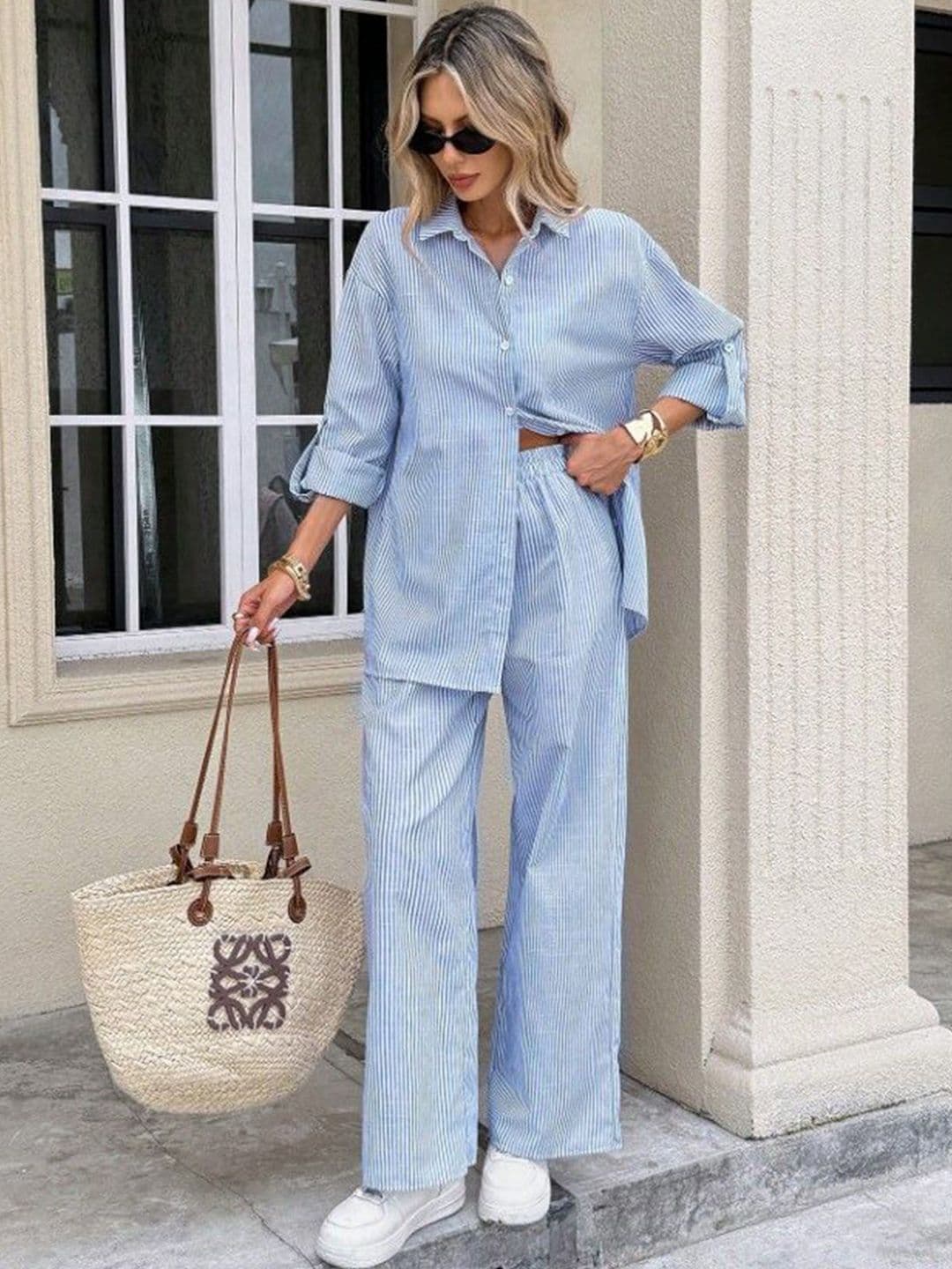 BAESD Striped Long Sleeves Cotton Blend Shirt With Trousers - view 1