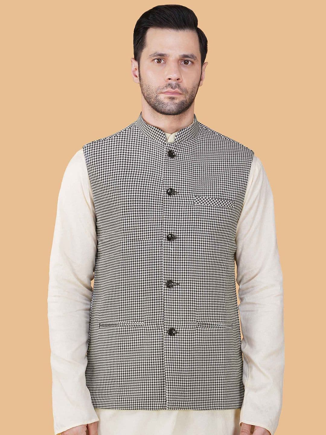 Vastraa Fusion Men Checked Mandarin Collar Woolen Nehru Jacket - view 1