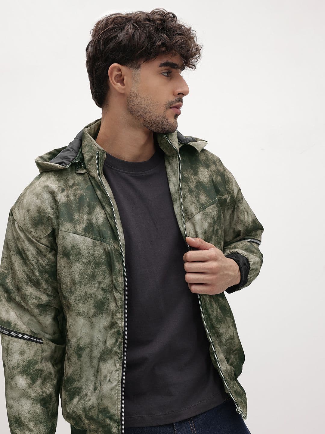 The Roadster Life Co. Camouflage Printed Padded Bomber Jacket with Detachable Hood - view 1