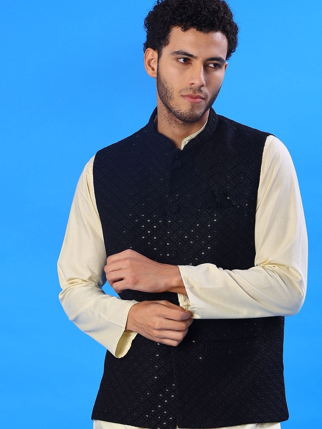 V-Mart Men Embroidered Mandarin Collar Sleeveless Nehru Jacket - view 1