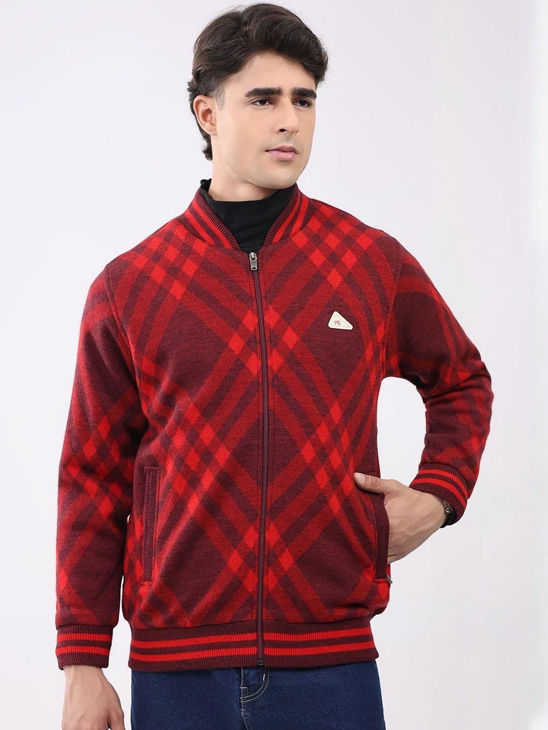 Monte Carlo Geometric Self Design Mock Collar Woollen Puffer Jacket With Zip Detail - view 1