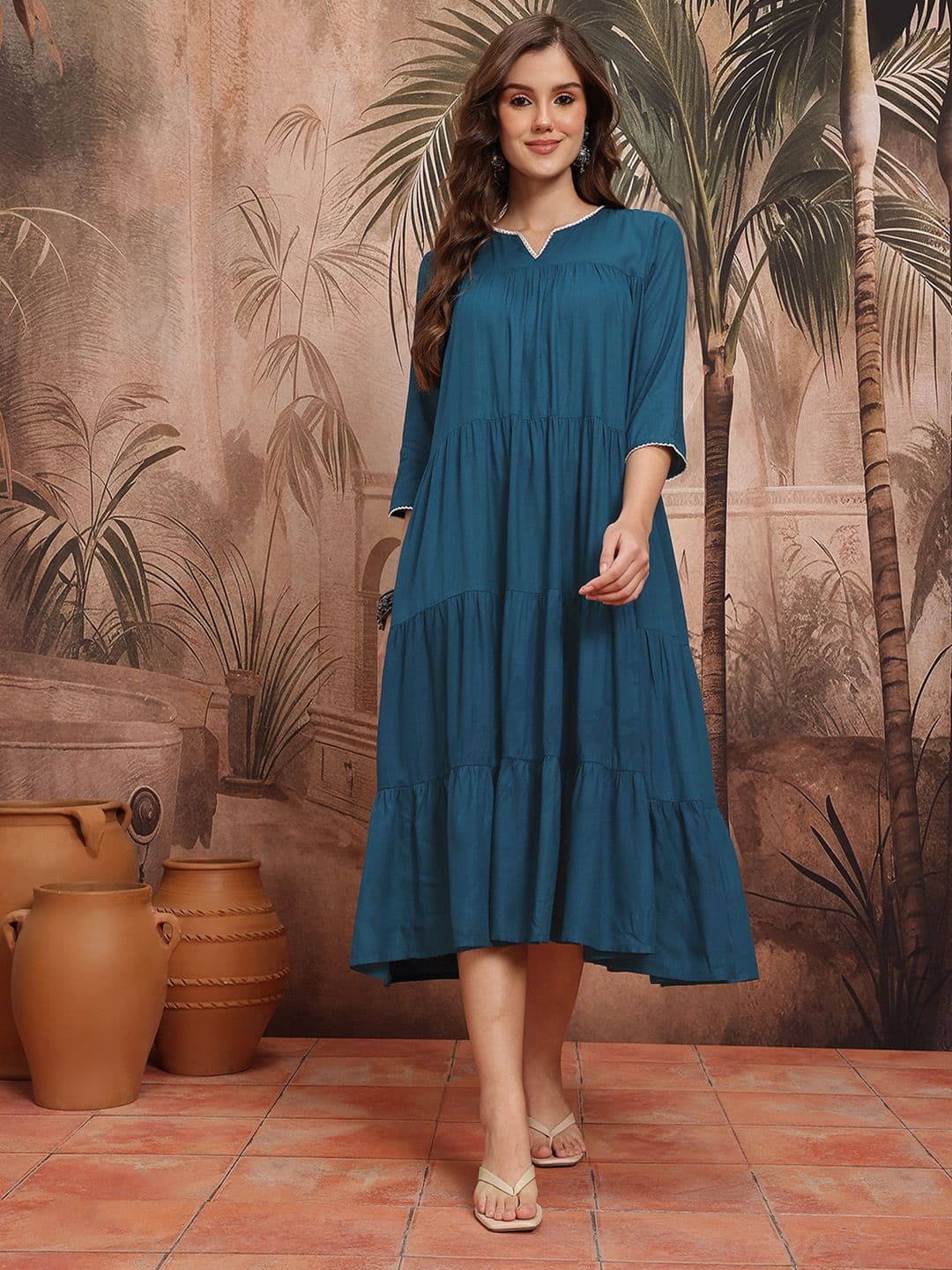 Sangria Lace Detail Tiered Midi A-Line Dress - view 1