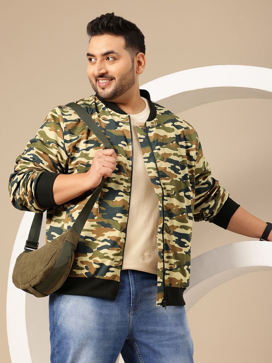 Sztori Plus Size Camouflage Print Stand Collar Bomber Jacket - view 1