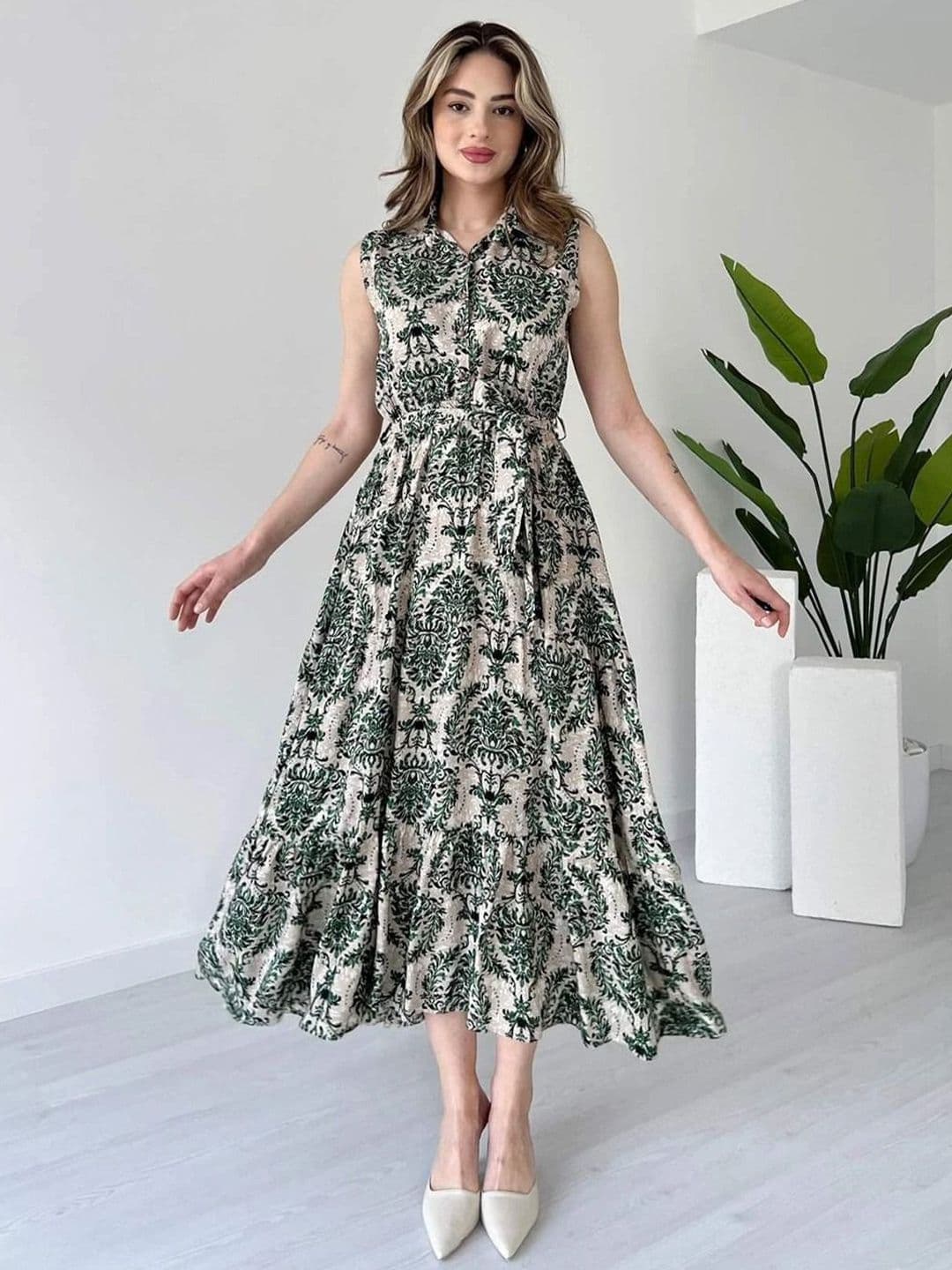 MANOJAVA Ethnic Motifs Printed Shirt Collar A-Line Midi Dress - view 1