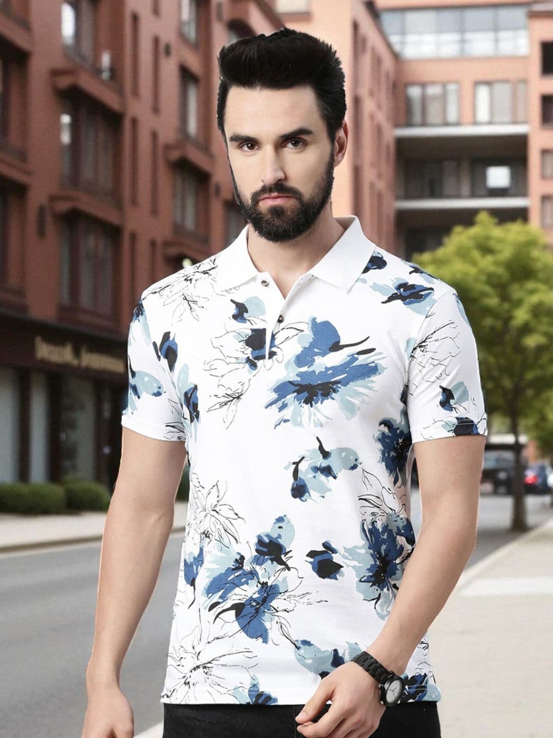 Kryptic Floral Printed Pure Cotton Polo Collar T-shirt - view 1