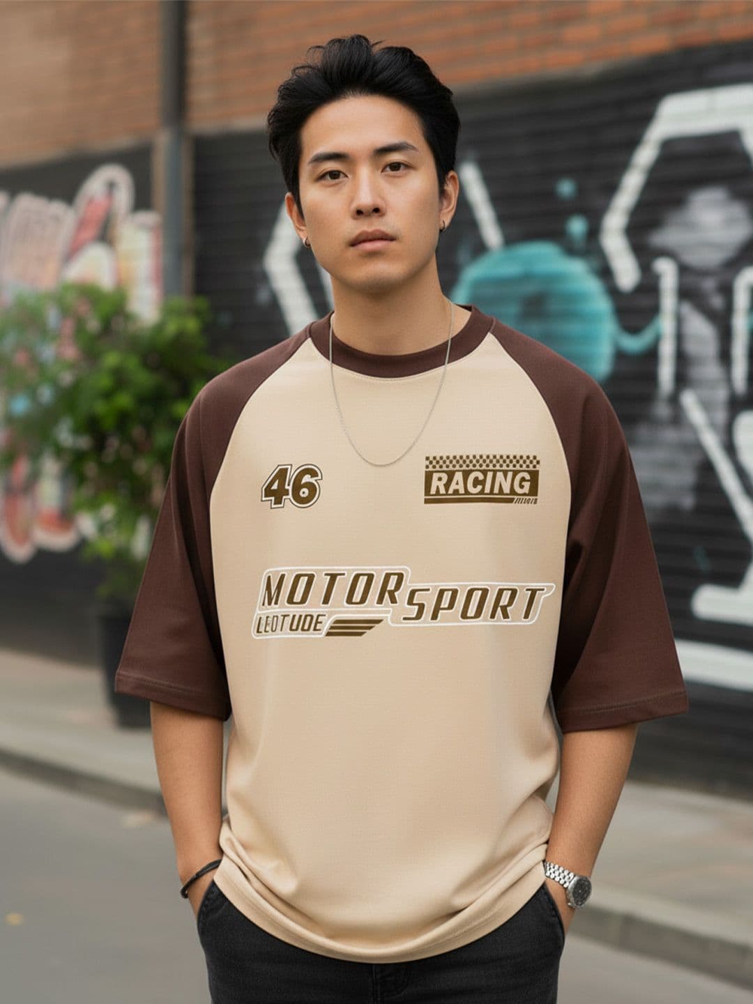 Leotude Typography Round Neck Raglan Sleeves Cotton Oversized T-shirt - view 1