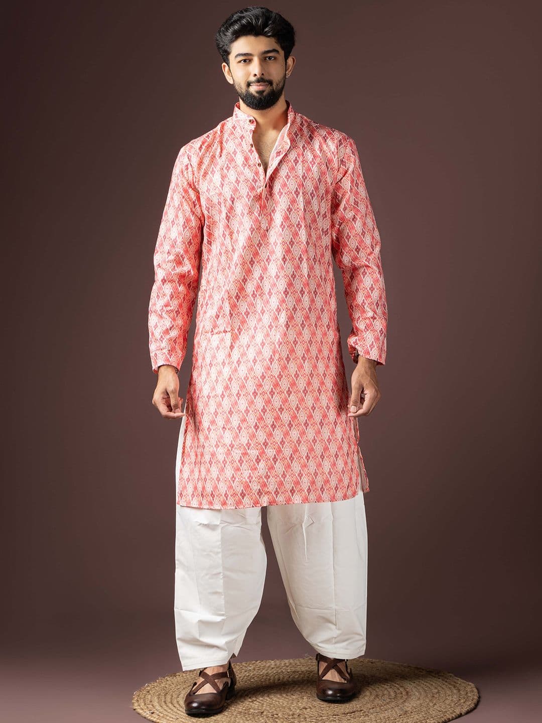 Rawayi Men Ethnic Motifs Printed Band Collar Long Sleeves Cotton Kurta - view 1