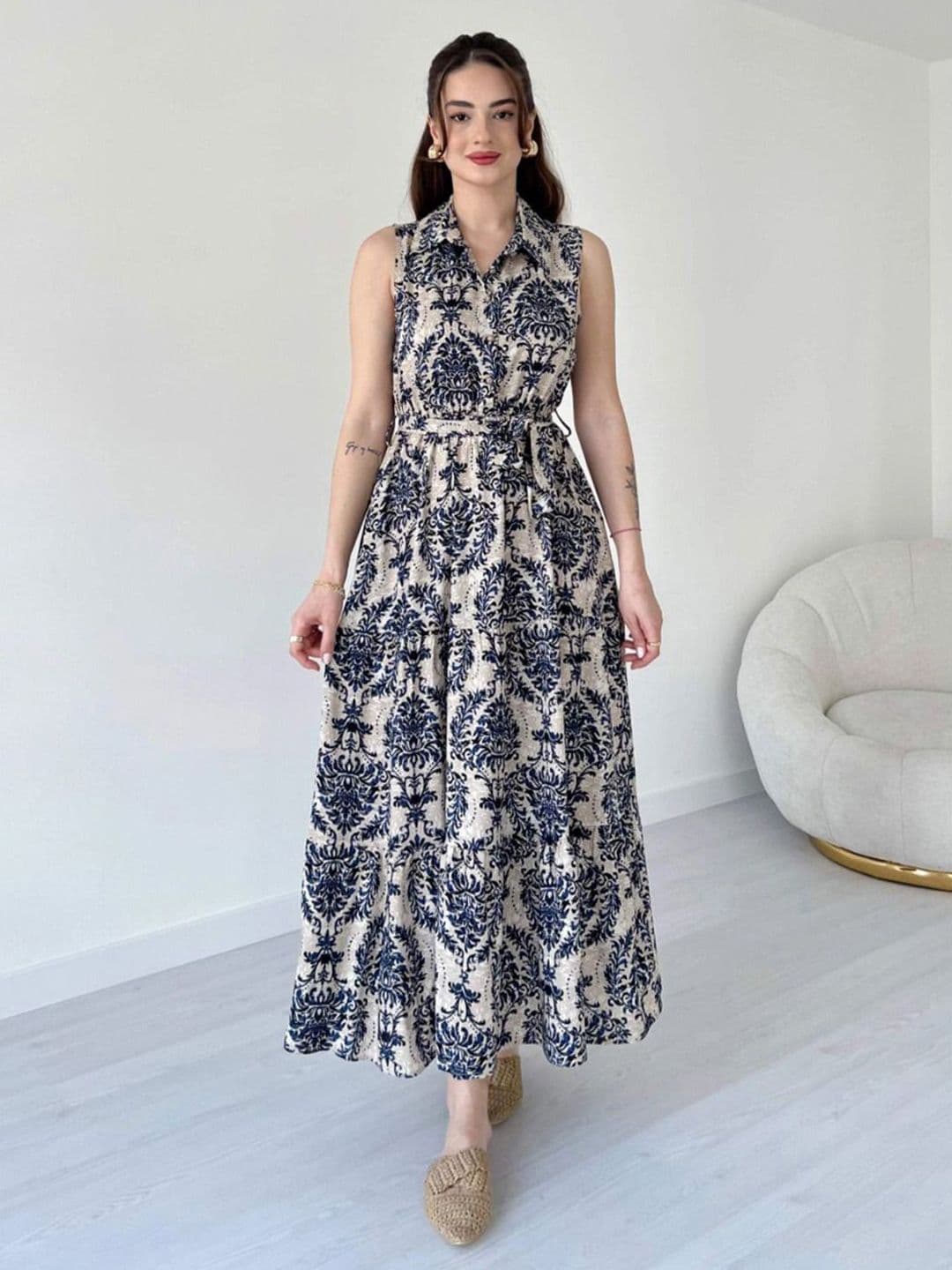 MANOJAVA Women Ethnic Motifs Printed Belted Tiered Shirt Collar Fit & Flare Maxi Dress - view 1