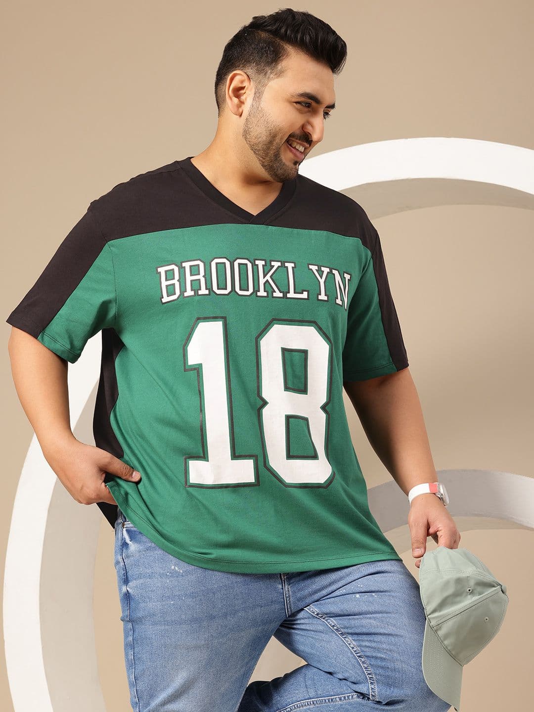 Sztori Plus Size Typography Colourblocked V-Neck Drop-Shoulder Sleeves Pure Cotton T-shirt - view 1