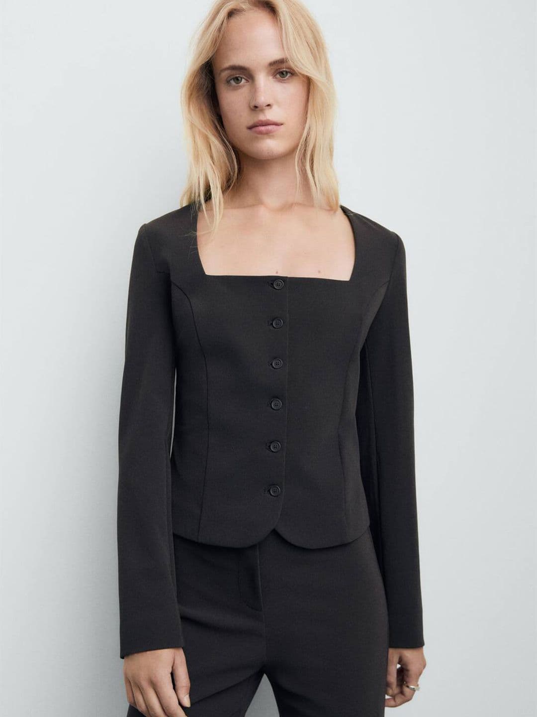 MANGO Square Neck Paneled Crop Blazer - view 1