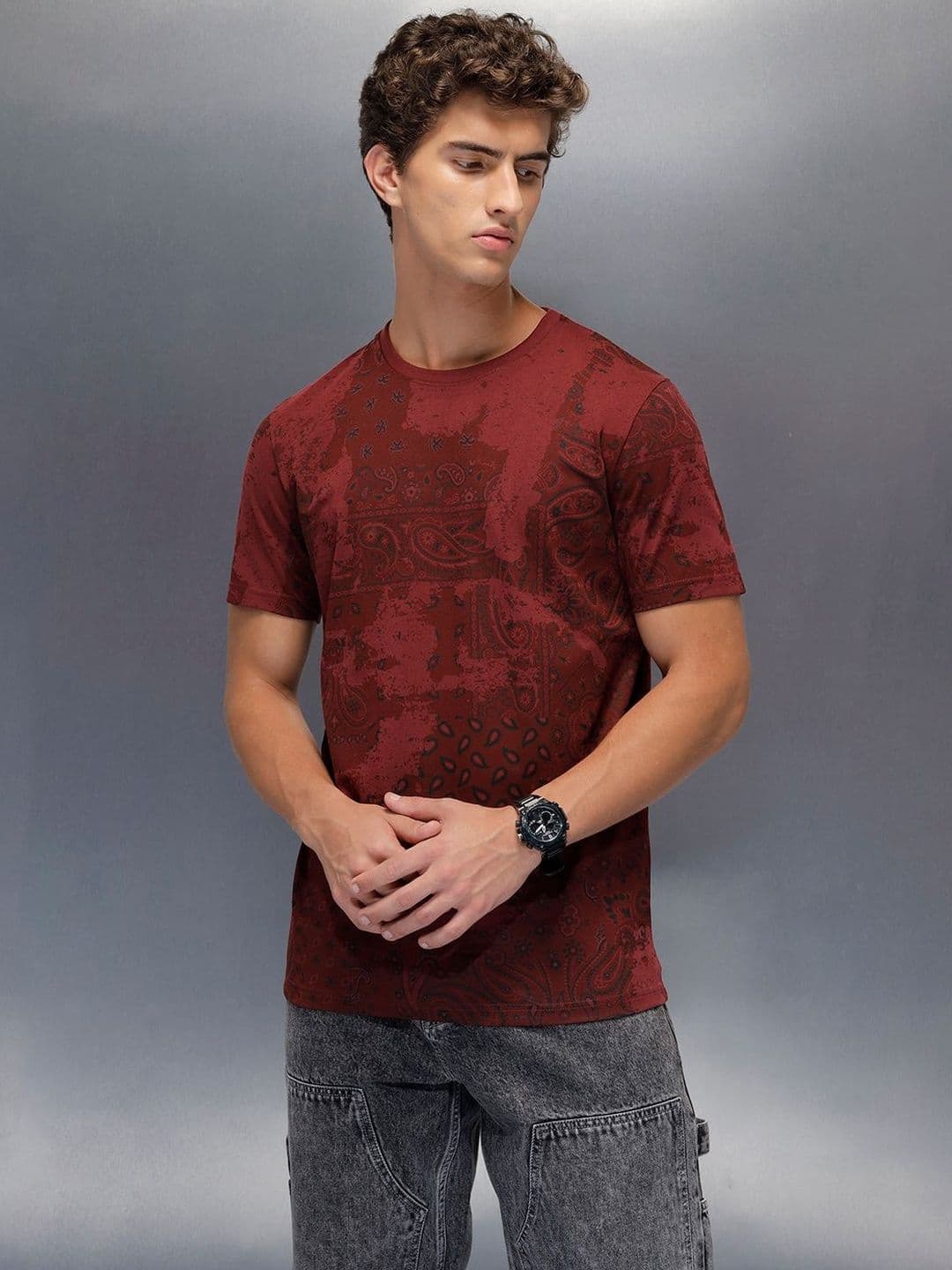 WROGN Printed Short Sleeves Round Neck Pure Cotton T-shirt - view 1