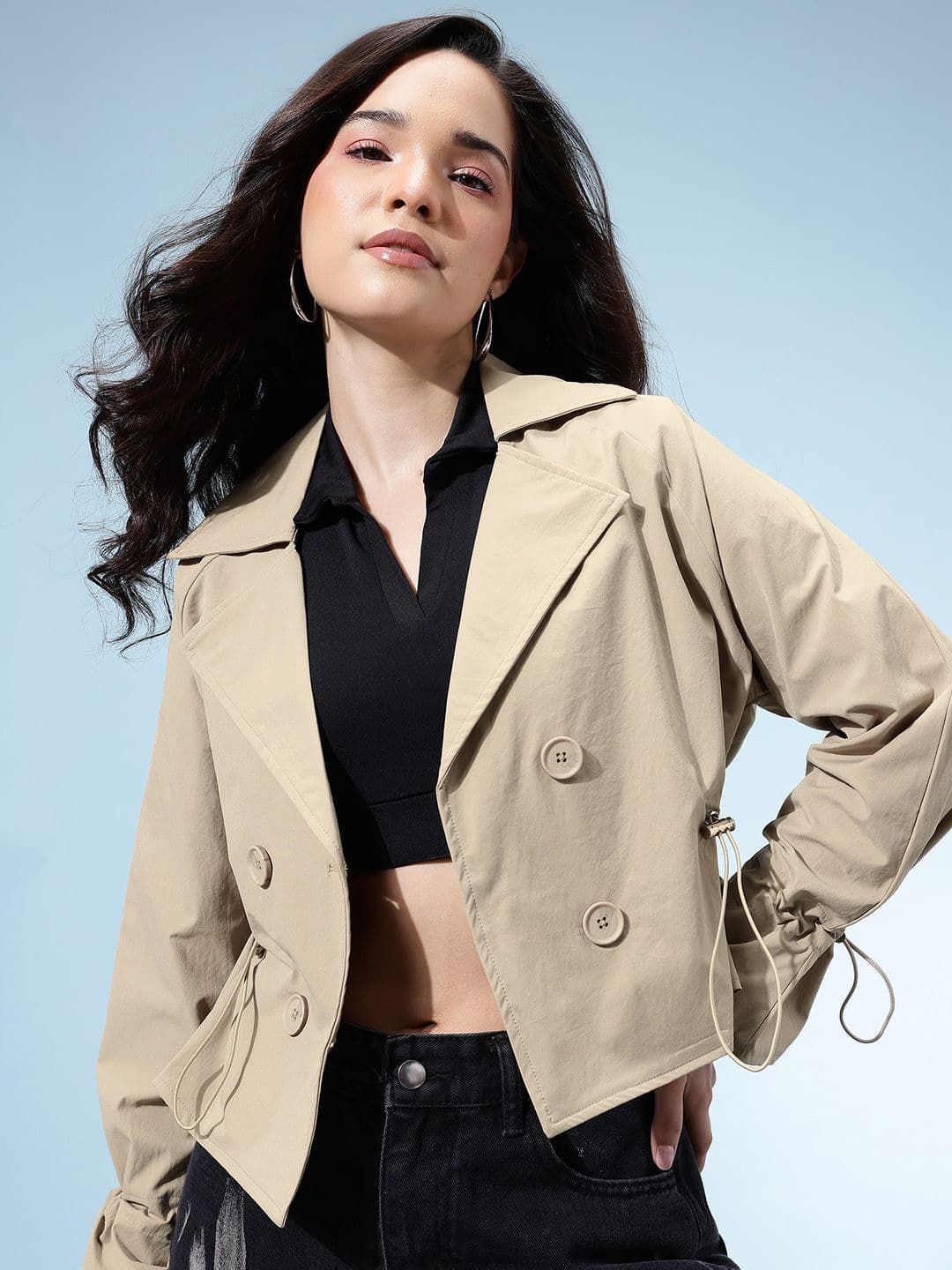 glitchez Waist Drawstring Double-Breasted Trench Crop Coat - view 1