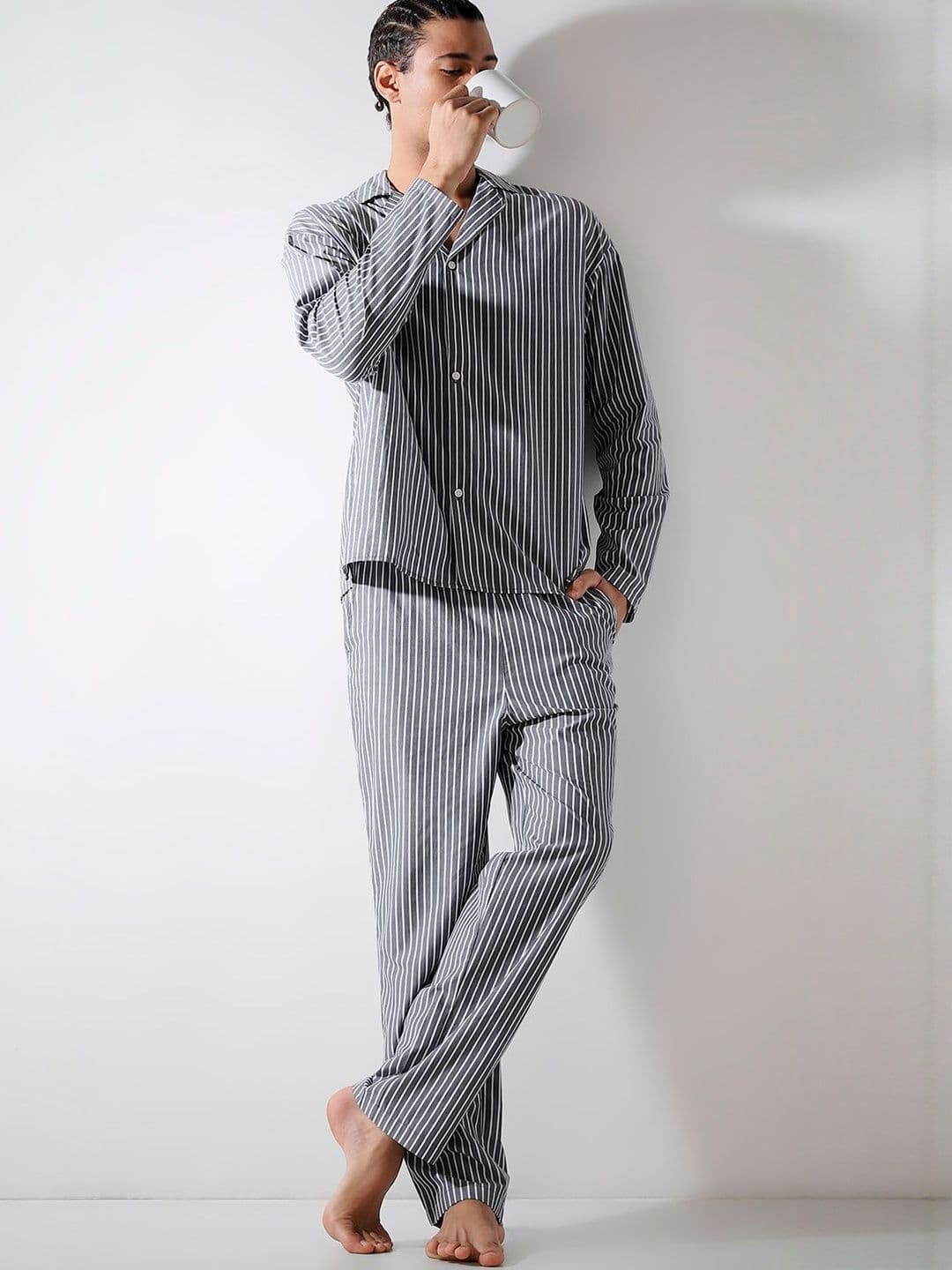 Jack & Jones Men Striped Lapel Collar Long Sleeves Shirt & Pyjamas Night suit - view 1