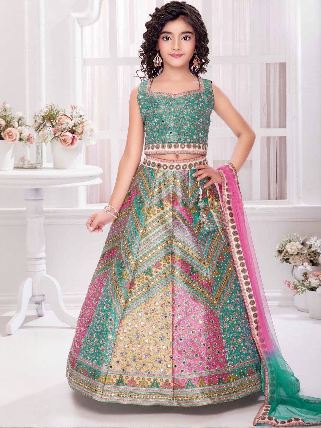 Sangria Girls Printed Mirror Work Ready to Wear Lehenga & Blouse With Dupatta - view 1