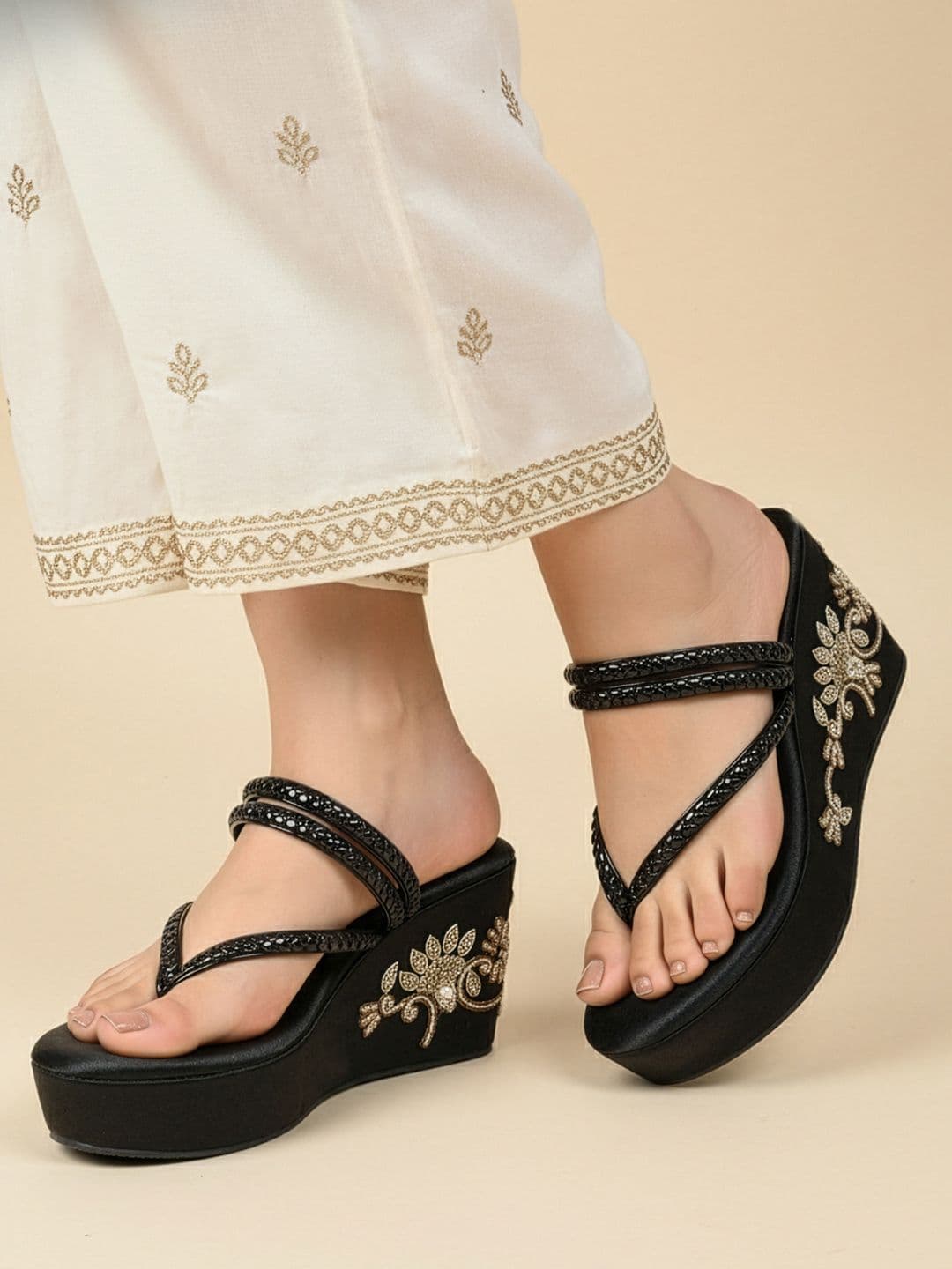 House of Pataudi Embellished Ethnic Wedge Heels - view 1