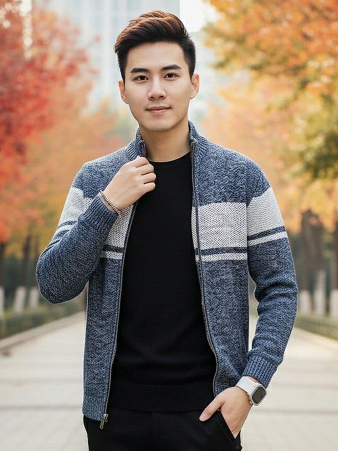 HERE&NOW Men Striped Long Sleeves Cardigan with Zip Detail Detail - view 1