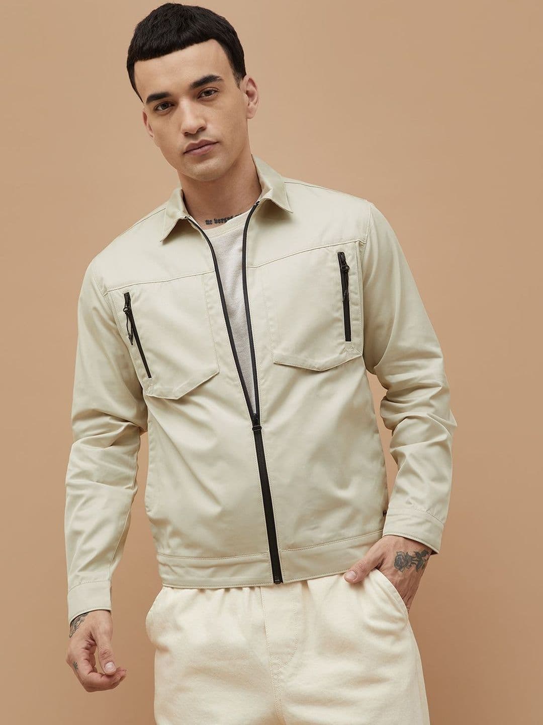 Bossini Men Beige Solid Cotton Regular Jacket - view 1