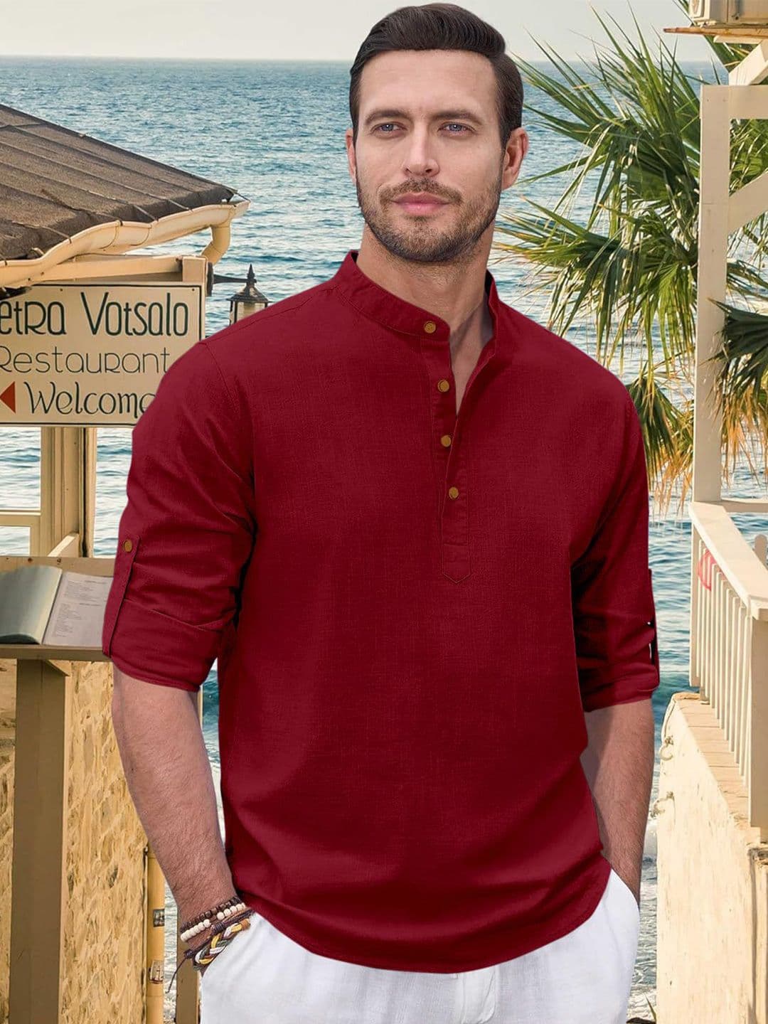 ZELINCO Mandarin Collar Roll-Up Sleeves Straight Short Kurta - view 1