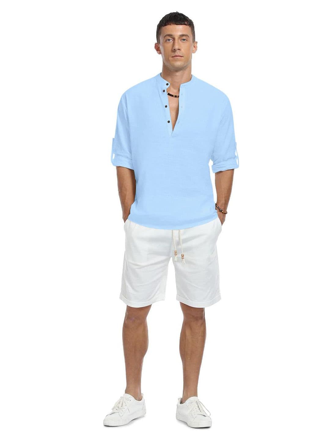 ZELINCO Mandarin Collar Roll-Up Sleeves Straight Short Kurta - view 1