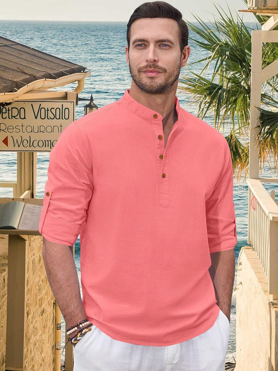 ZELINCO Mandarin Collar Roll-Up Sleeves Straight Short Kurta - view 1