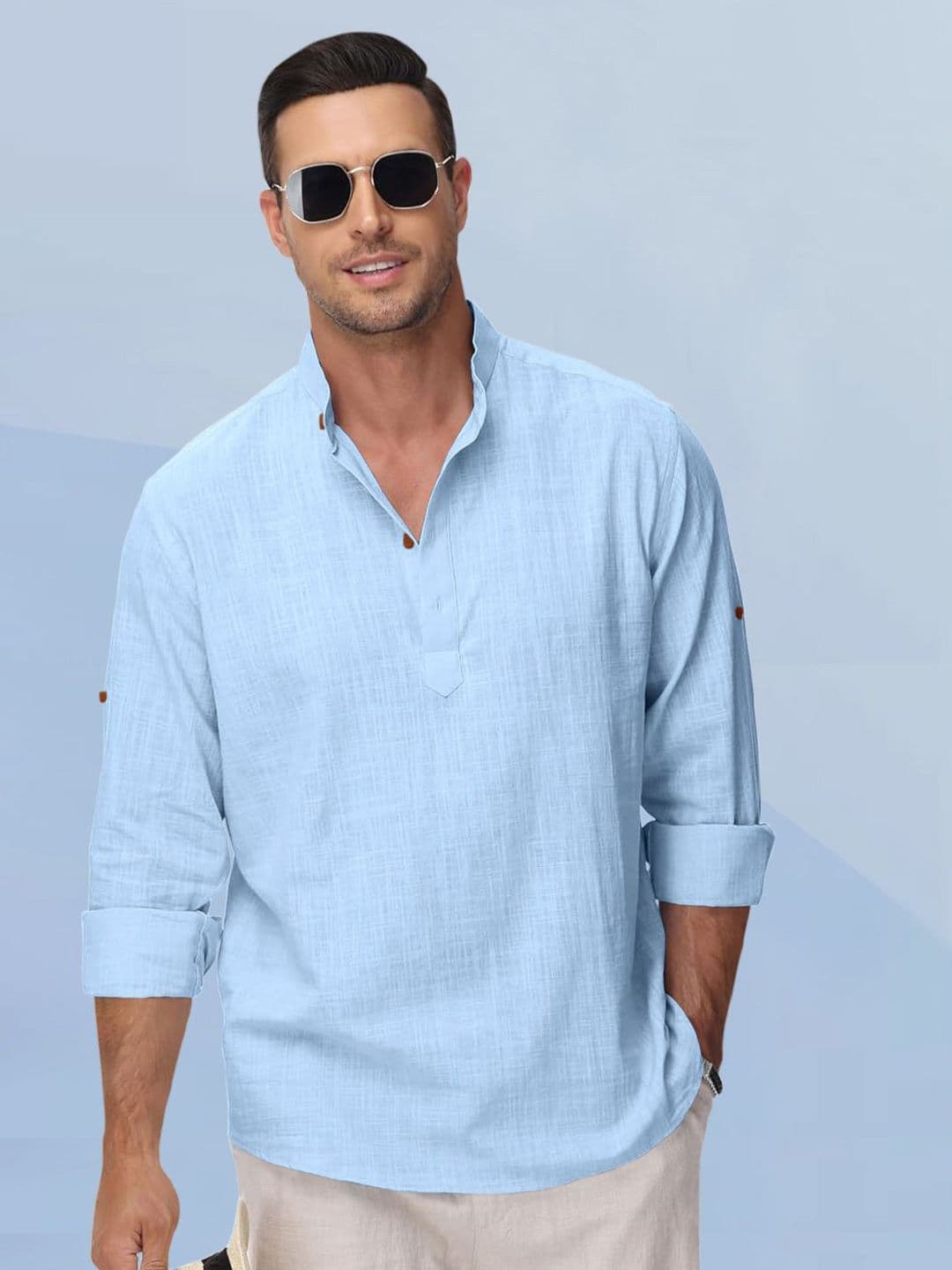 ZELINCO Mandarin Collar Roll-Up Sleeves Straight Short Kurta - view 1
