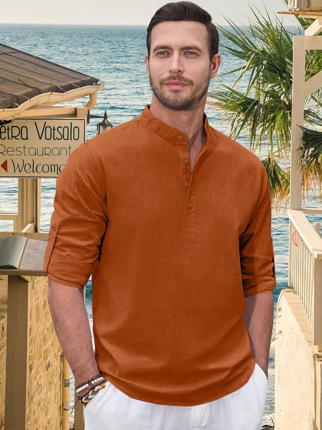 ZELINCO Mandarin Collar Roll-Up Sleeves Straight Short Kurta - view 1