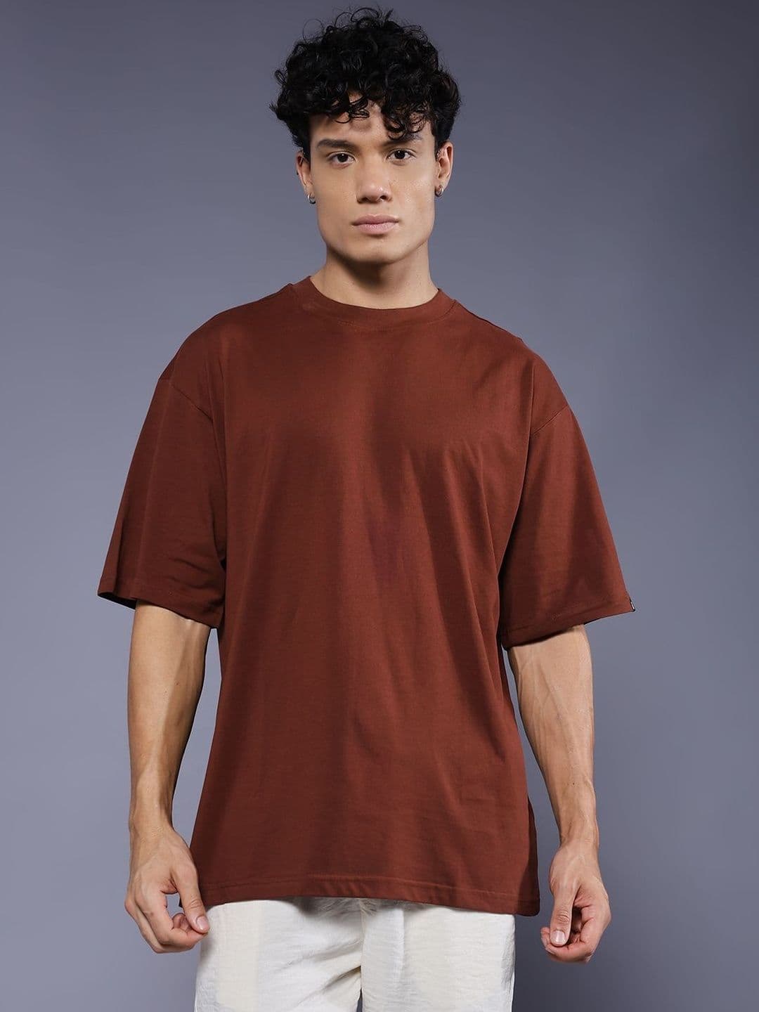 PRONK Round Neck Drop-Shoulder Sleeves Cotton Oversized T-shirt - view 1