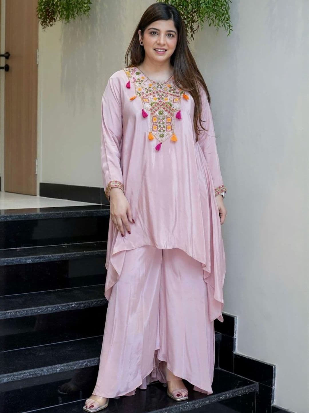 KALINI Women Pink Embroidered Silk Blend Tunic & Palazzos - view 1