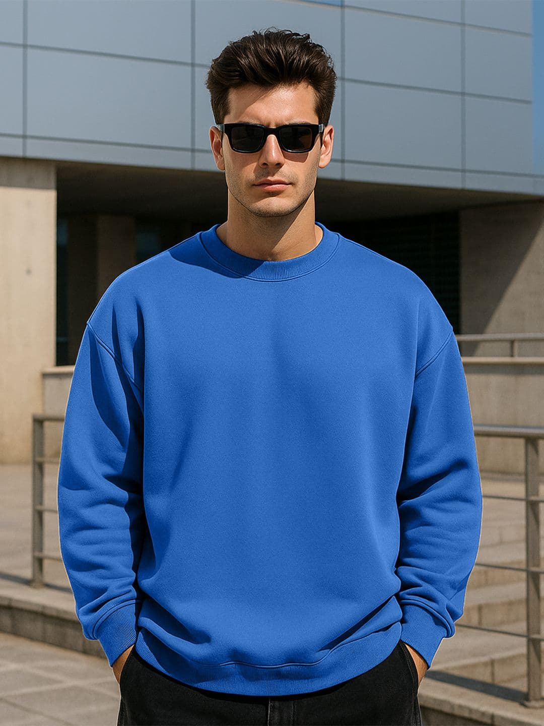 VEIRDO Men Blue Solid Round Neck Cotton Fleece Oversized Pullover Sweatshirt - view 1
