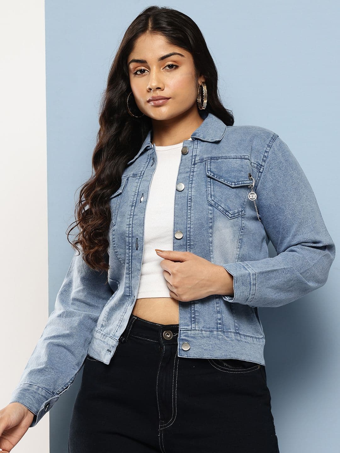 BAESD Women Spread Collar Solid Denim Jacket - view 1
