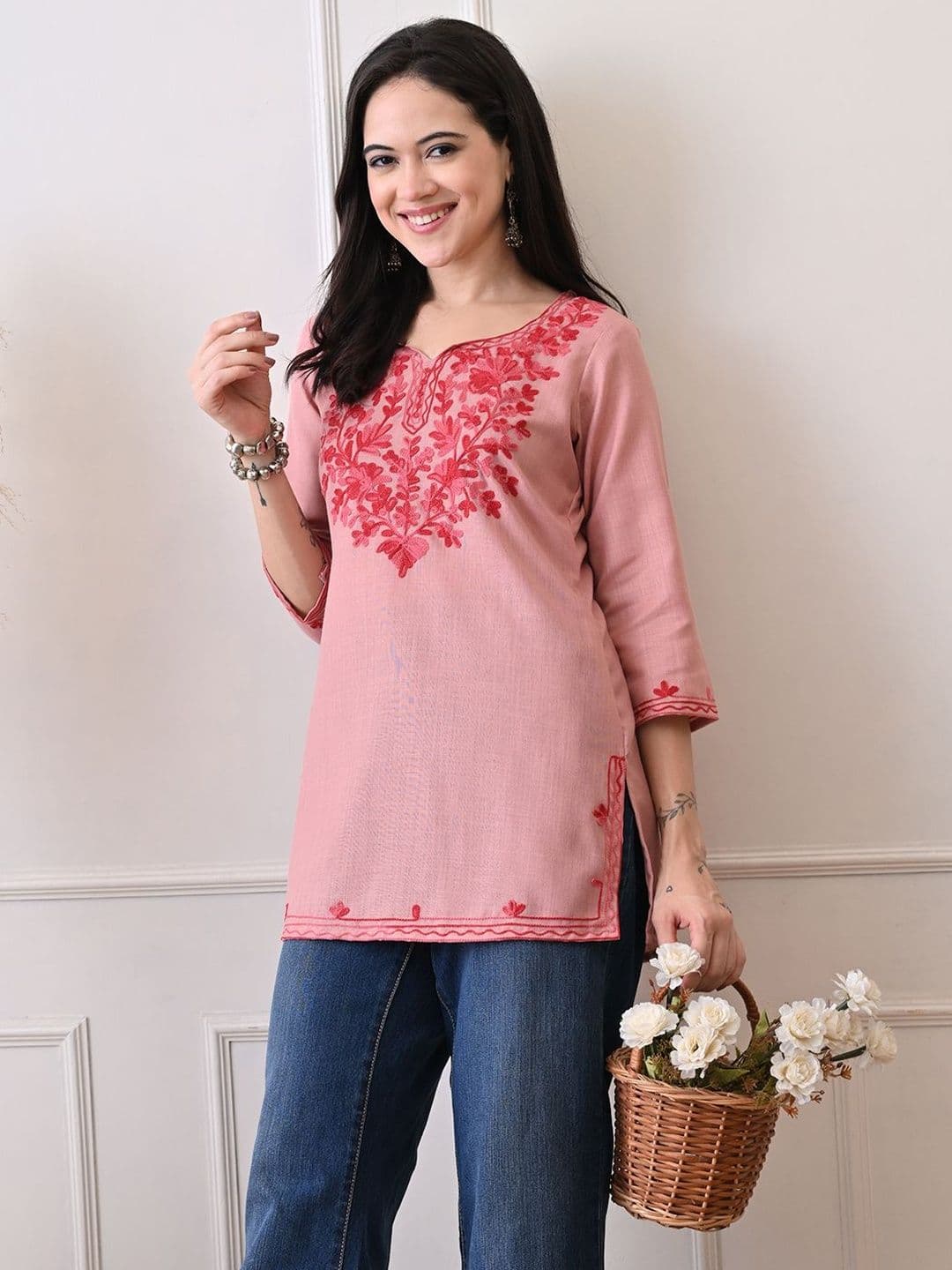 KALINI Floral Embroidered Thread Work Pure Cotton Kurti - view 1
