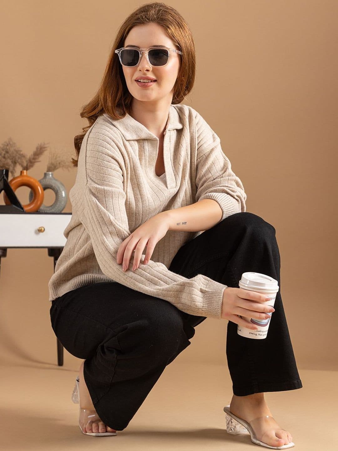 Roadster Women Cream Polo Neck Ribbed Knit Sweater - view 1