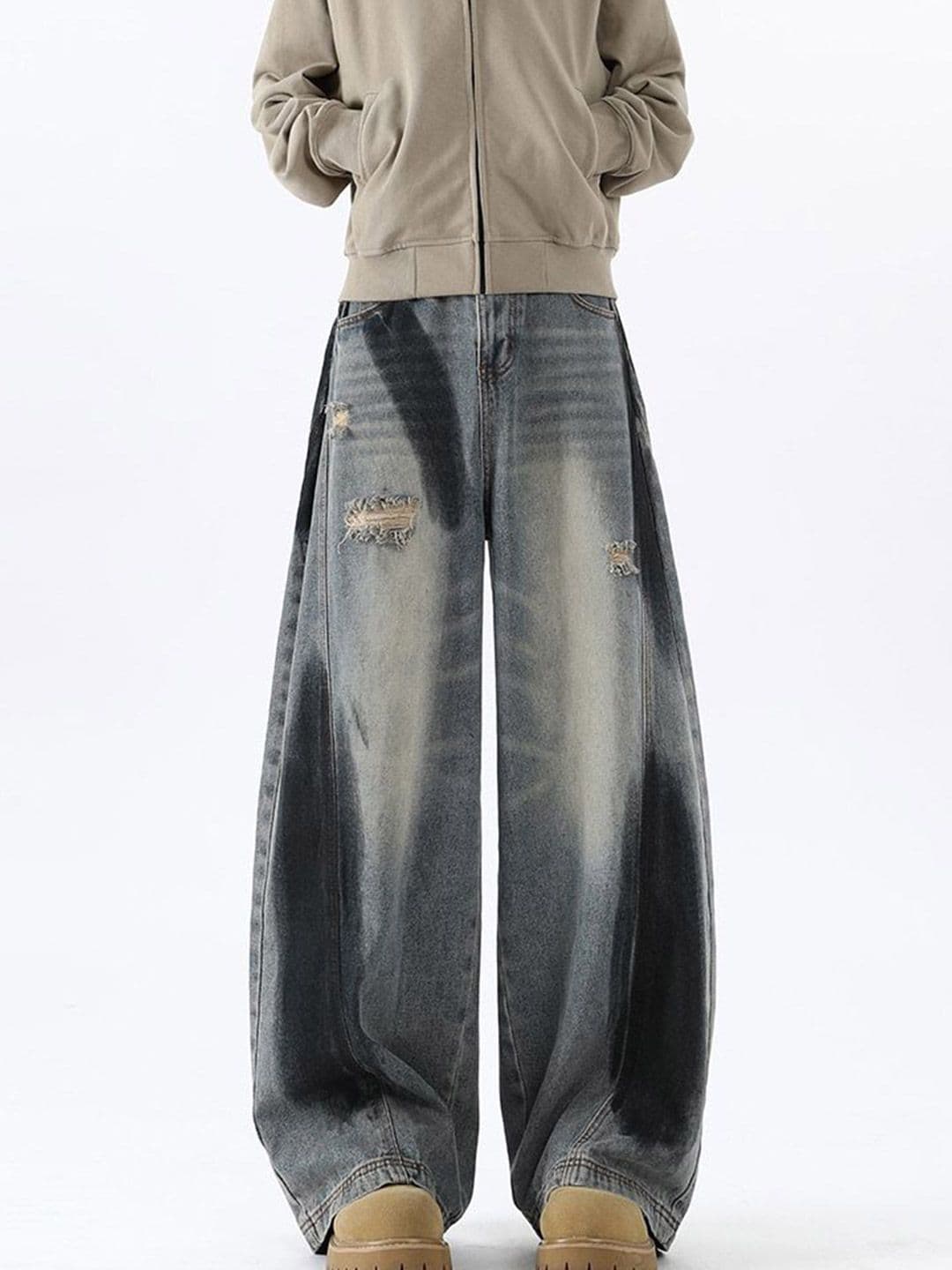 StyleCast x Revolte Men Wide Leg Mid-Rise Mildly Distressed Heavy Fade Jeans - view 1