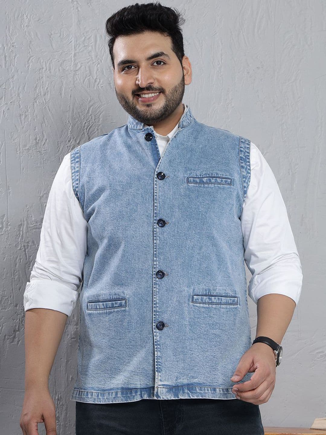 John Pride Plus Size Mandarin-Neck Denim Nehru Jacket - view 1