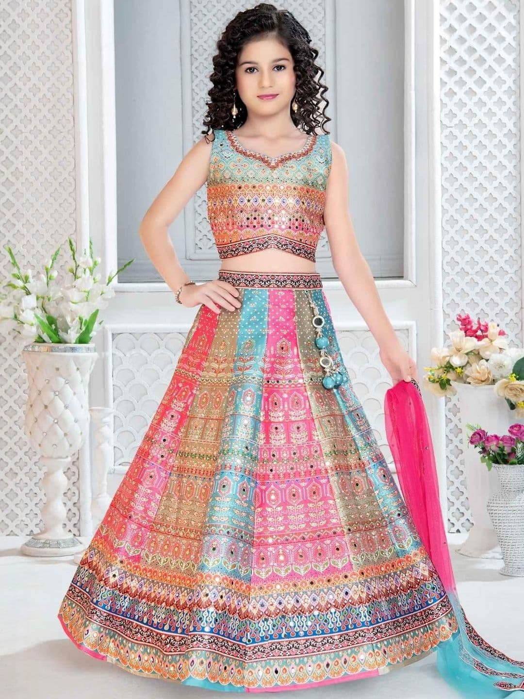 KL9KIDS Girls Embellished Mirror Work Ready to Wear Lehenga & Blouse With Dupatta - view 1