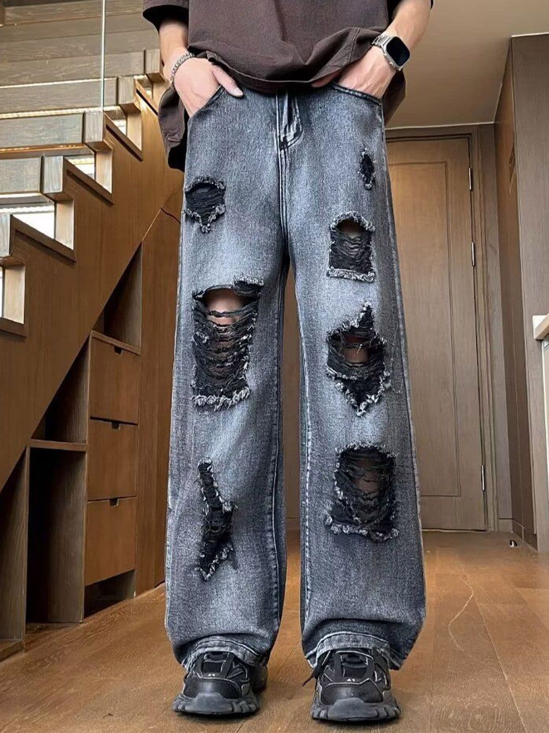 StyleCast x Revolte Men Baggy Mid-Rise Mildly Distressed Light Fade Jeans - view 1