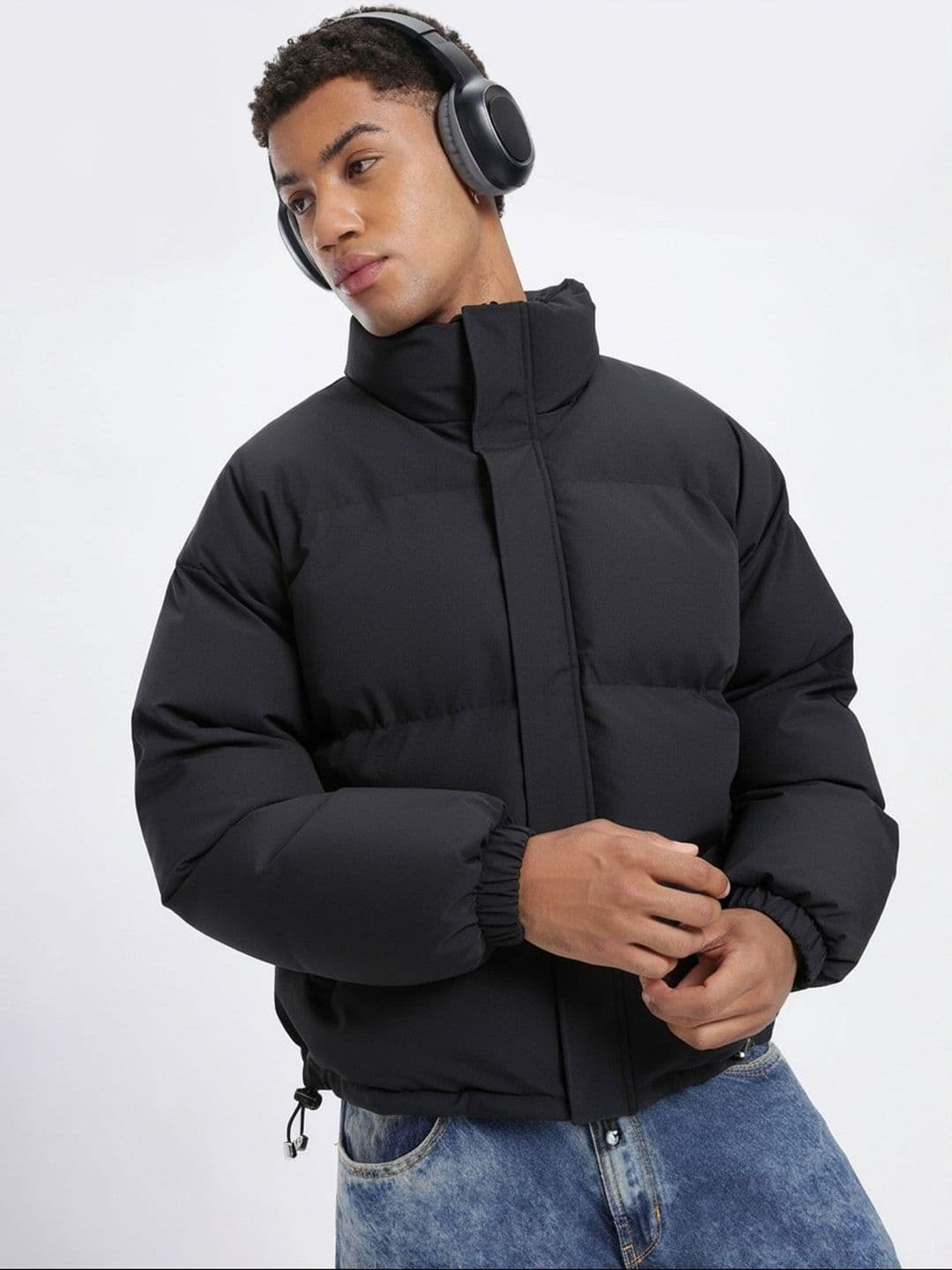 HERE&NOW Men Black Polyester Solid Mock Collar Open Front Jacket - view 1