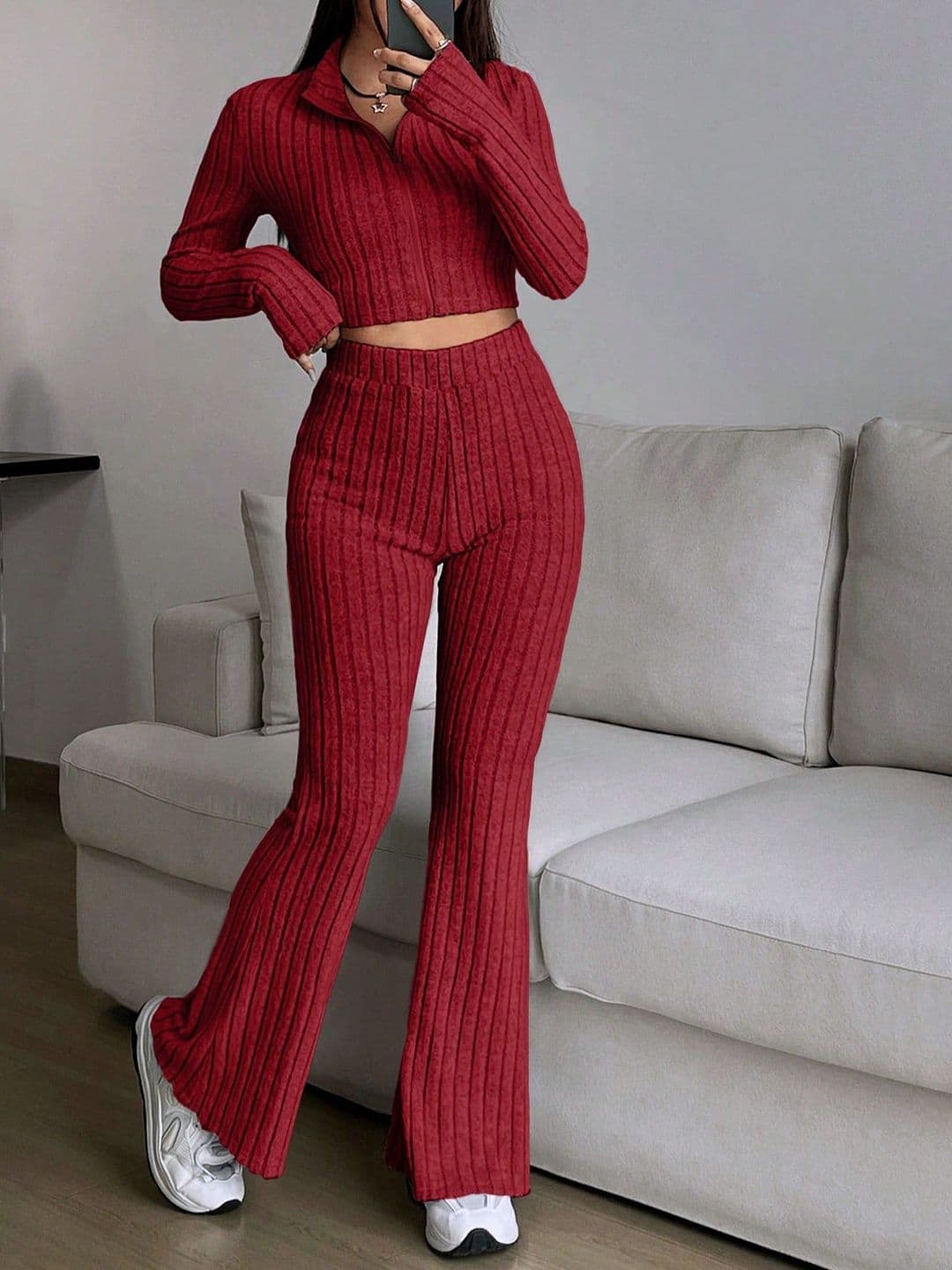 StyleCast Women Ribbed Long Sleeves Shirt Collar Top With Trouser Co-Ords - view 1
