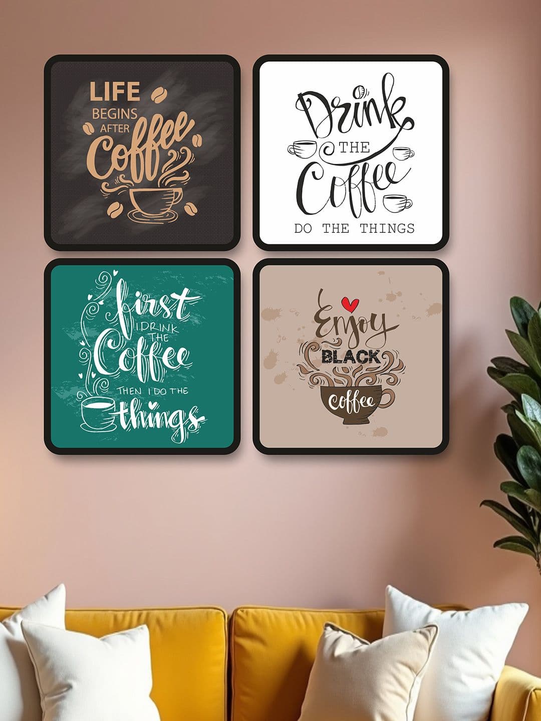 SAF Black & White 4-Pieces Coffee Theme Printed Framed Wall Art - view 1