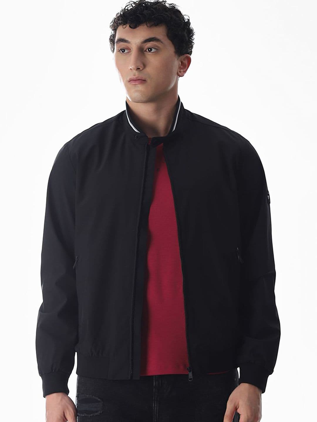 Jack & Jones Men Mandarin Collar Solid Bomber Jacket - view 1