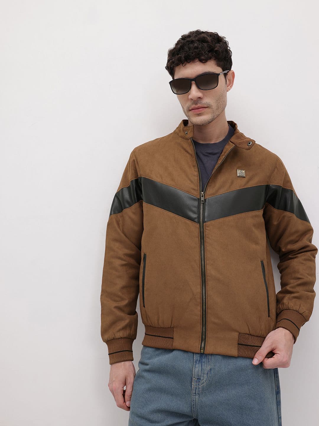 The Roadster Life Co. Suede Finish Colourblocked Bomber Jacket - view 1