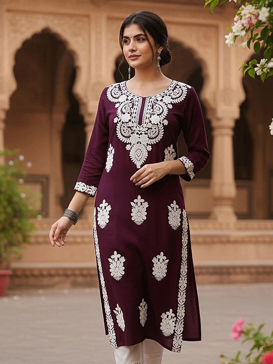 KALINI Floral Embroidered Thread Work Straight Kurta - view 1