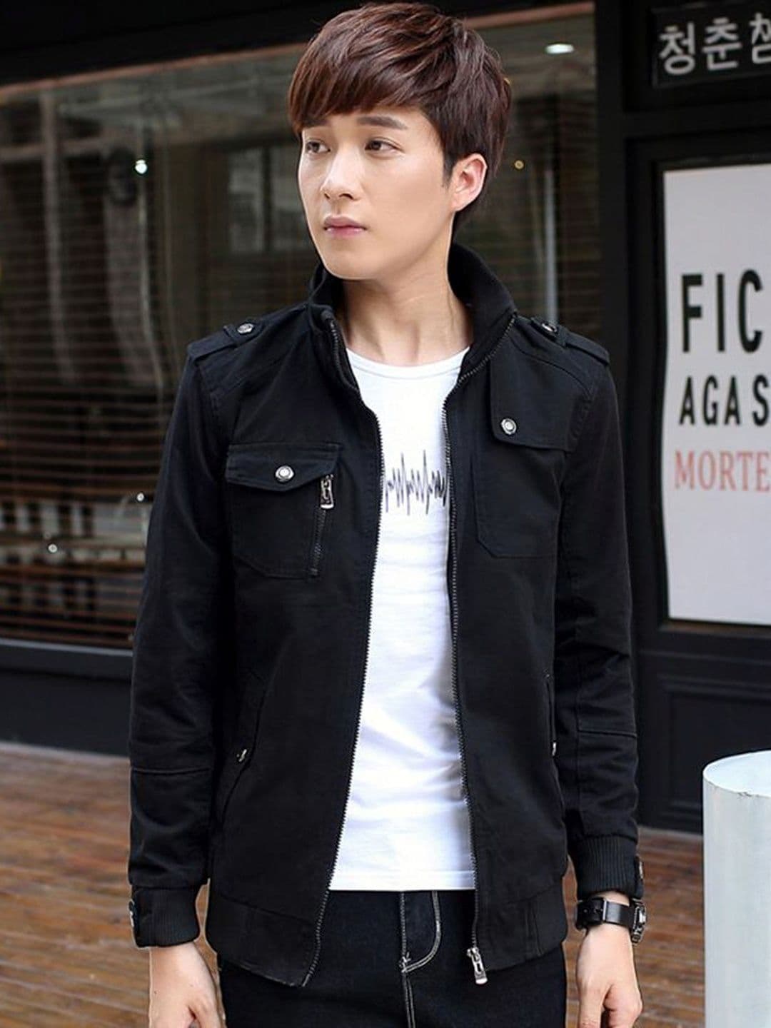 HERE&NOW Men Black Casual Long Sleeves Stand Collar Cotton Solid Tailored Jacket - view 1