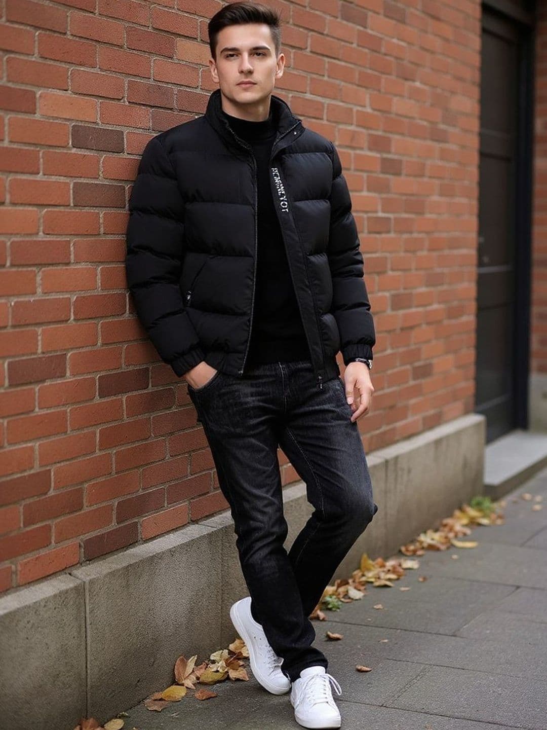 HERE&NOW Men Black Solid Mock Collar Polyester Overcoat Padded Jacket - view 1