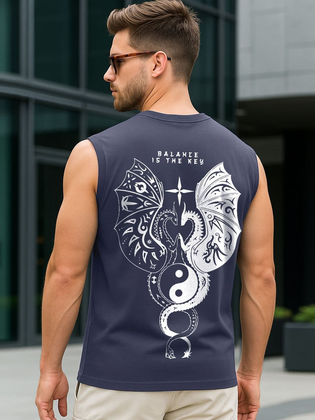 Bewakoof Men Navy Blue Seek Balance Graphic Printed Boxy Fit Vest - view 1