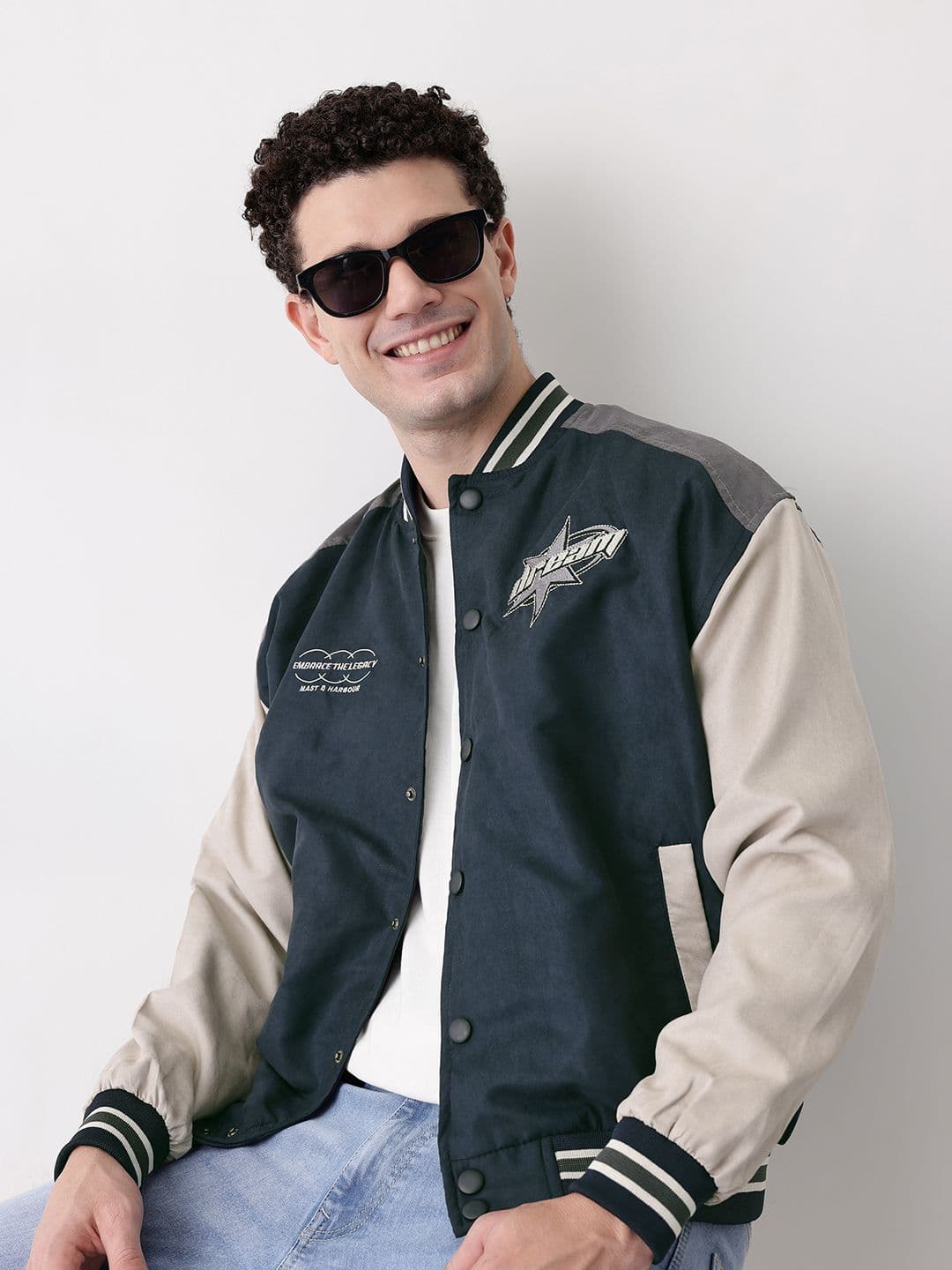 Mast & Harbour Suede Finish Varsity Jacket with Applique Detail - view 1