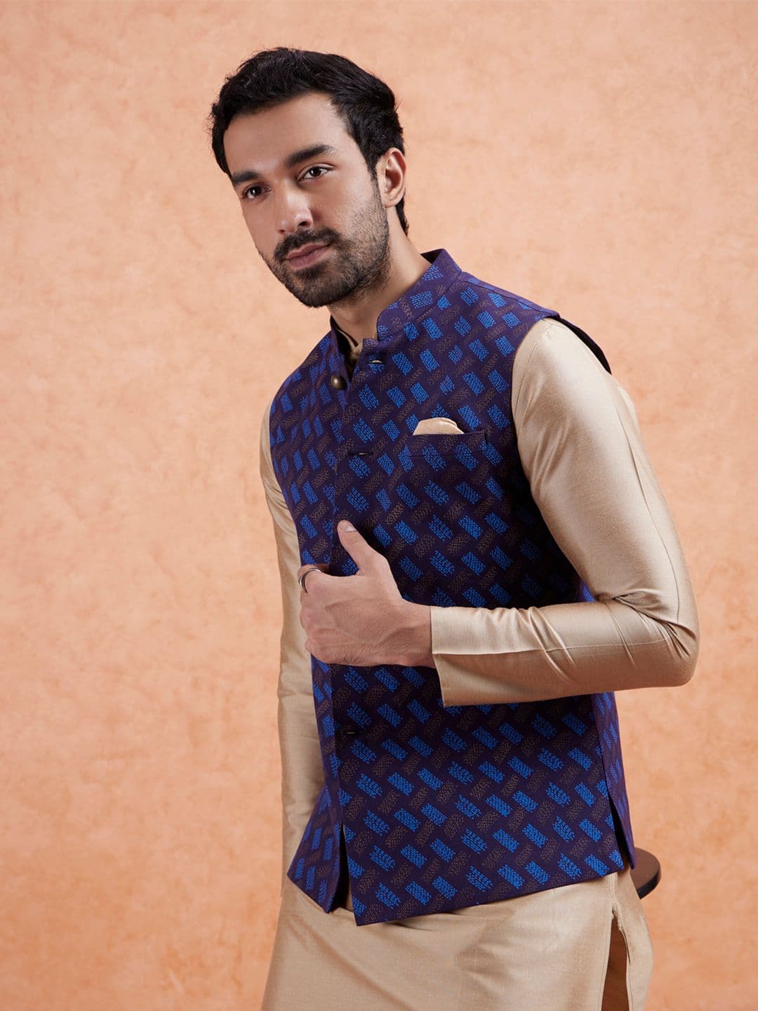 KISAH Men Blue & Beige Printed Woven Nehru Jacket - view 1